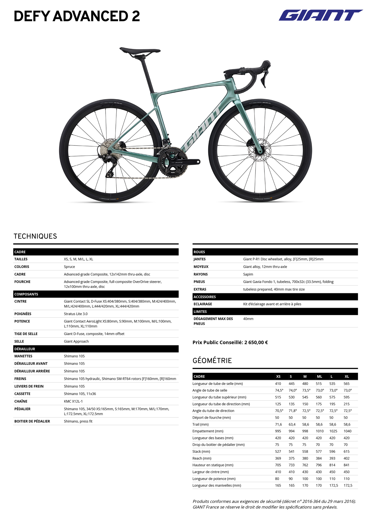 Fiche technique du velo Defy Advanced 2 année 2026